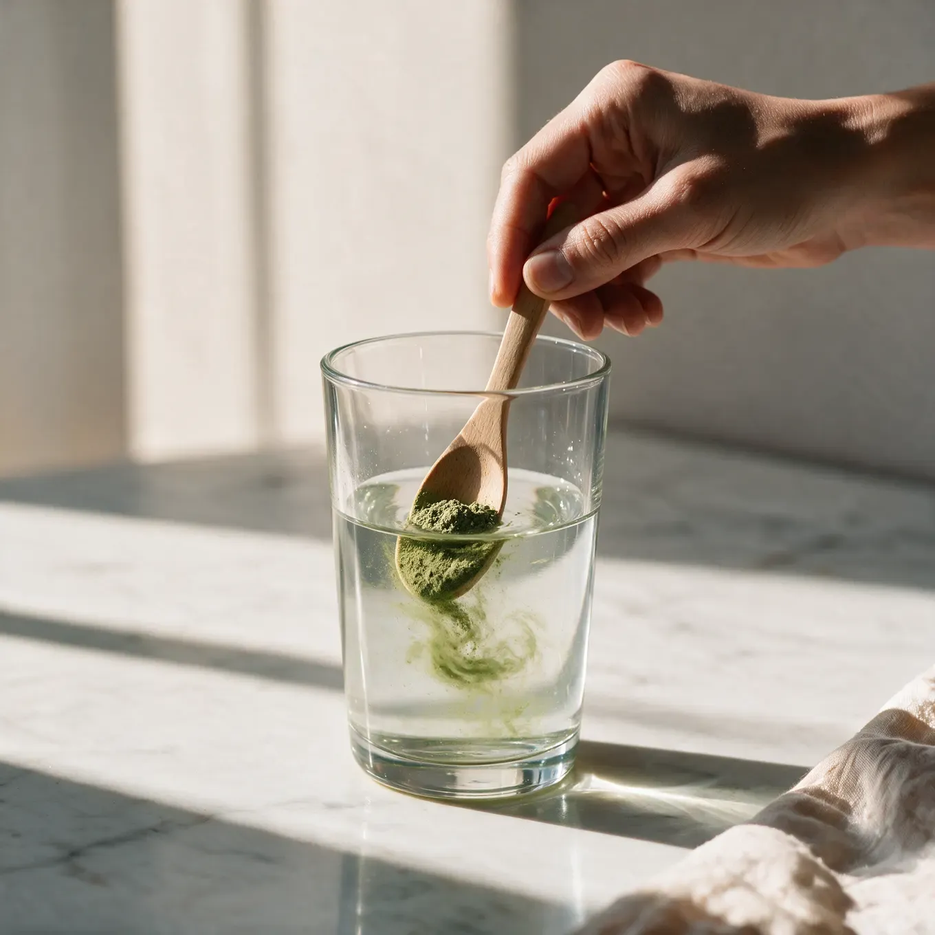 Barley grass powder being stirred into a glass of water