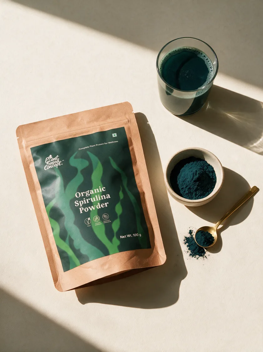A pouch of spirulina powder beside a bowl of deep teal-green powder, a golden scoop and a glass of freshly mixed spirulina drink on a soft cream surface