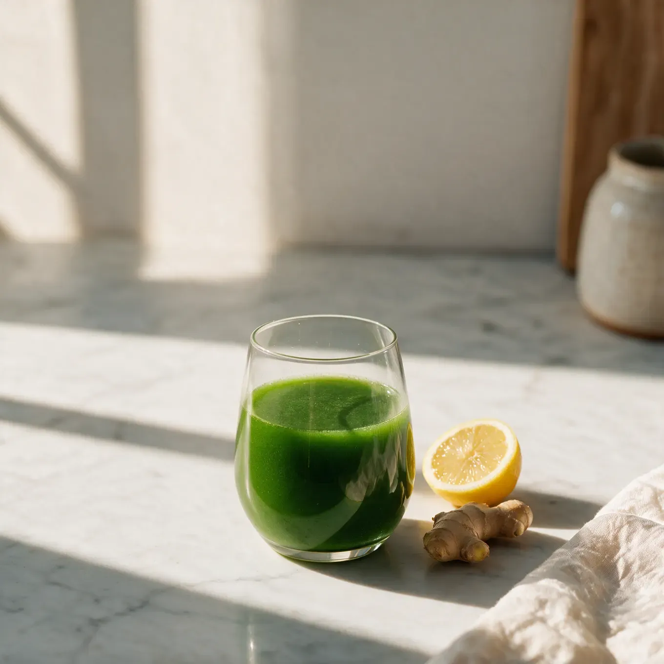 A small glass of green wheatgrass drink with lemon and ginger