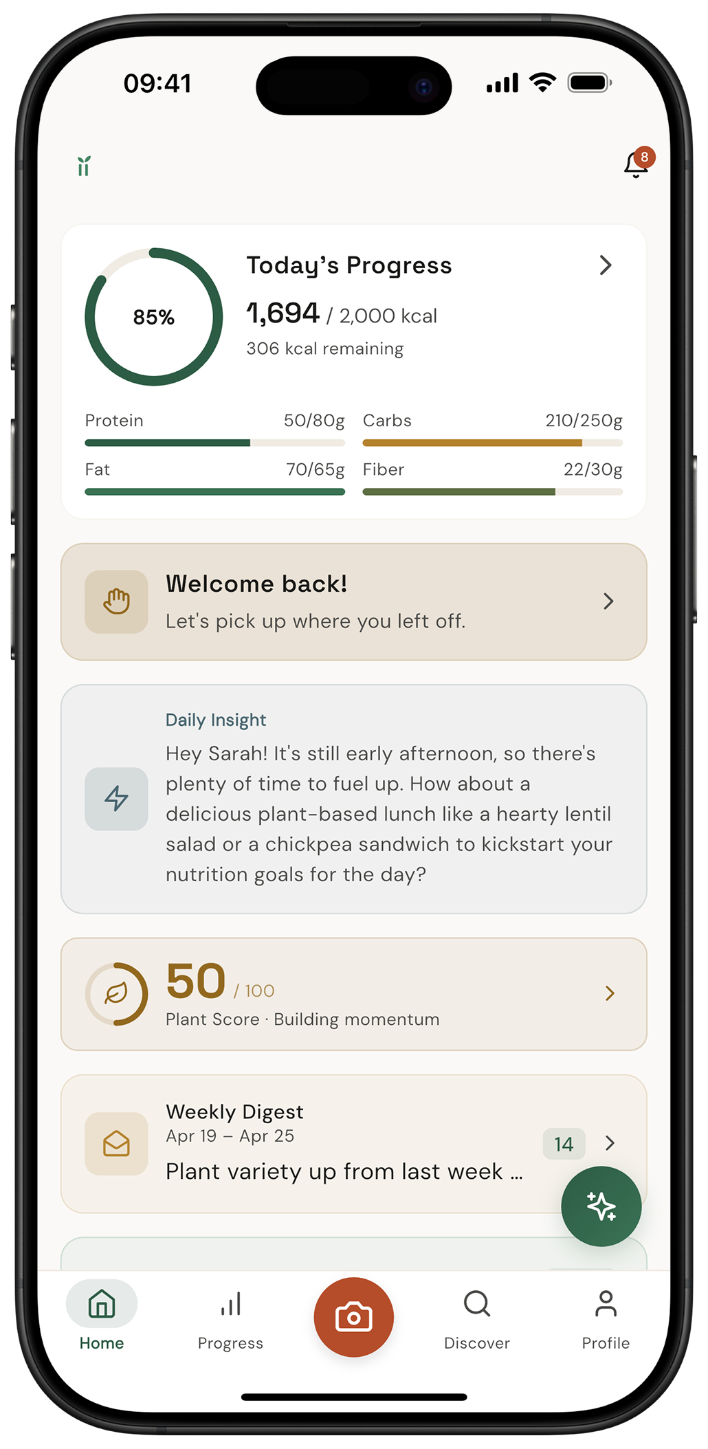 The nourii home screen — today's progress, plant score and a daily insight