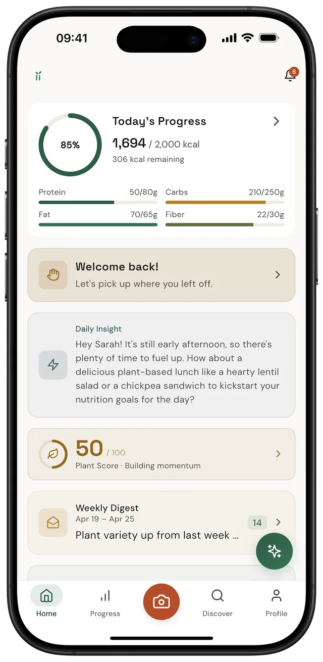 The nourii home screen — today's progress, plant score and a daily insight